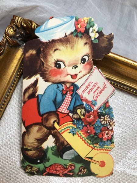 画像1: Vintage Greeting card　グリーティングカード　お花の一輪車とワンちゃん　犬　お見舞い (1)