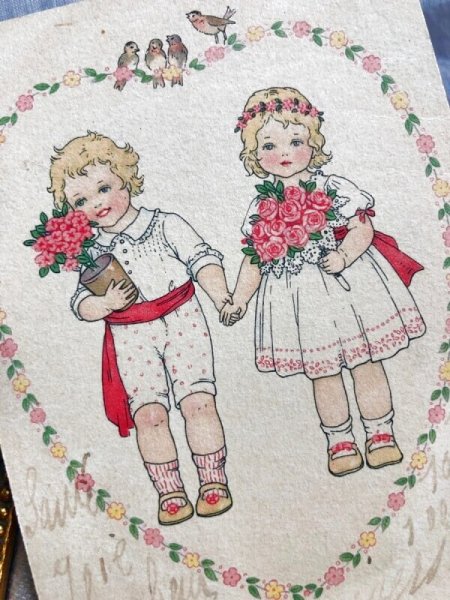 画像2: Postcard  仲良しの男の子と女の子 小鳥 (2)