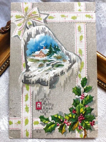 画像1: Postcard  クリスマス　Xmas　ホーリーのリボンと雪景色 (1)