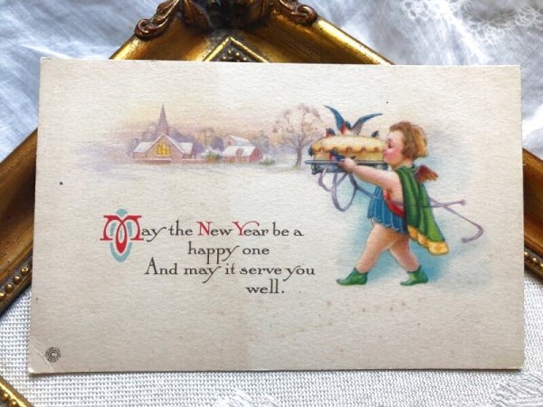 画像1: ▼SALE500▼　Postcard　新年祝い　パイを運ぶ天使とツバメ (1)