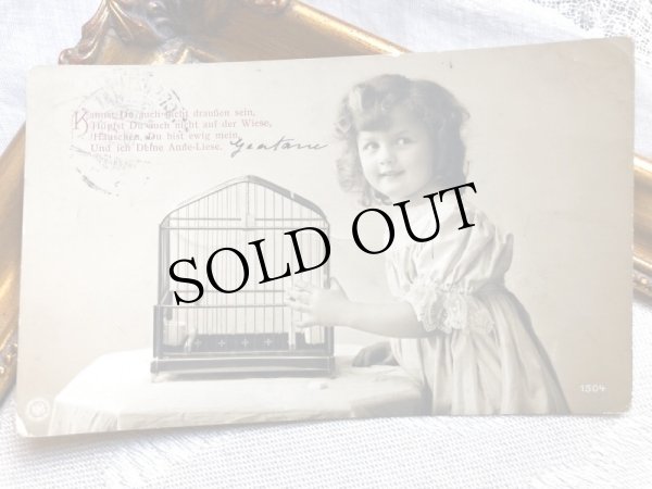 画像1: Postcard　鳥かごと女の子　ドイツ1910年 (1)