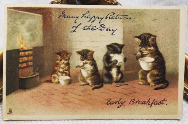 画像1: Postcard  スープを食べる猫の家族　Helena Maguire　アメリカ1910年 (1)