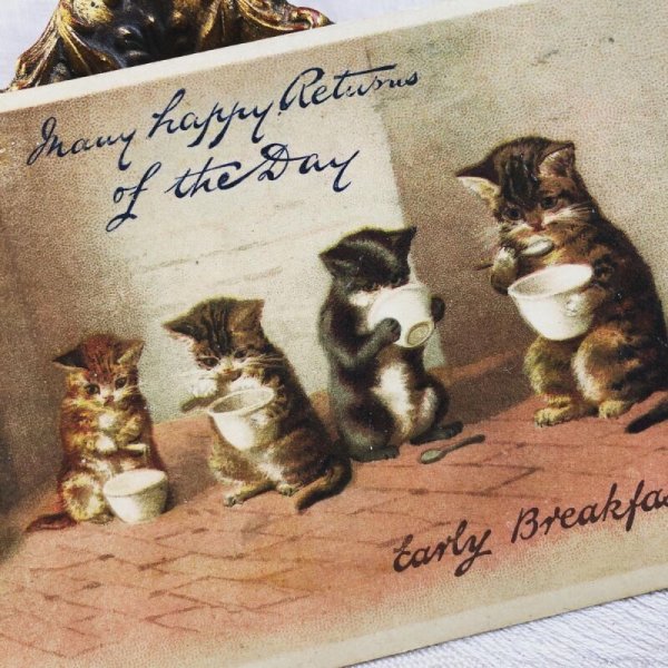 画像2: Postcard  スープを食べる猫の家族 Helena Maguire アメリカ1910年 (2)