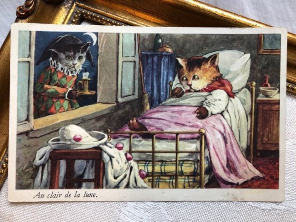 画像1: Postcard  　フランス童謡　Au Clair de la Lune　月の光に　猫 (1)