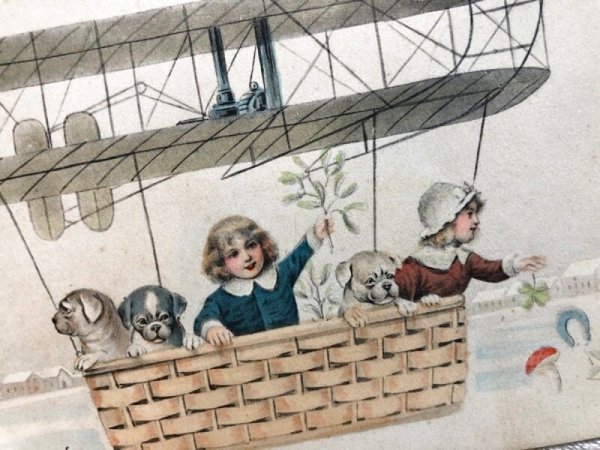 画像2: Postcard　飛行船に乗る犬と子どもたち　ブルドッグ　キノコ　馬蹄　四つ葉　ヤドリギフランス1910年 (2)