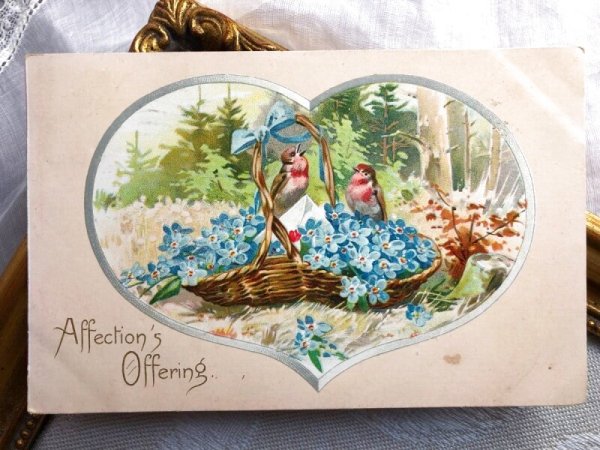 画像1: Postcard 　忘れな草のお花のバスケットと2羽のロビン　小鳥 (1)