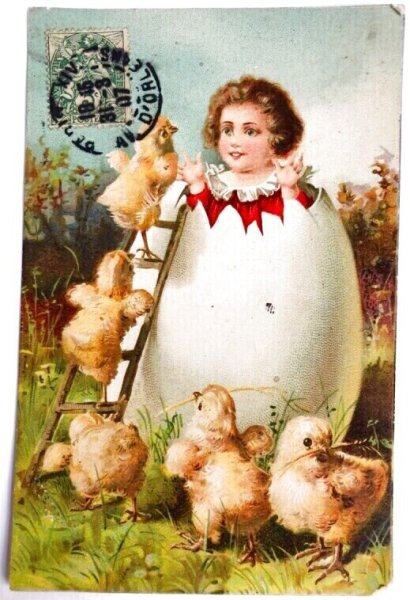 画像1: Postcard  イースター　大きな卵から生まれた女の子を祝福するヒヨコ　フランス1907年 (1)