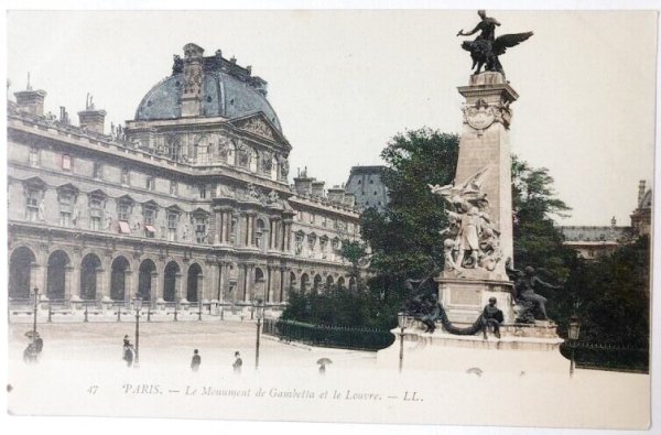 画像1: Postcard  アンティークポストカード　フランス　パリ　Le Monument Gambetta et le Louvre（未使用） (1)