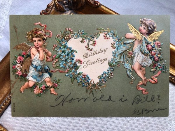 画像2: Postcard   アンティークポストカード ハートのリースと天使たち アメリカ1908年 (2)