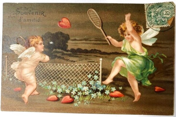 画像1: Postcard  　テニスをする愛の天使　キューピッド  Ellen Clapsaddle　フランス1907年 (1)