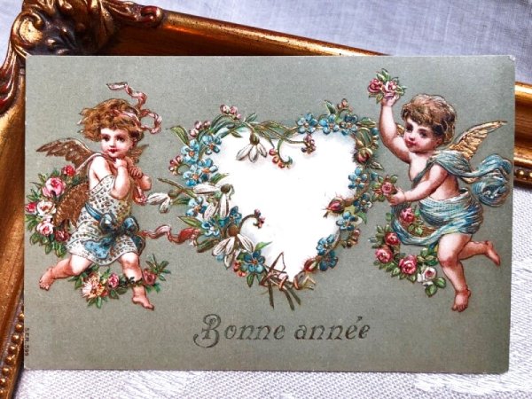 画像2: Postcard   アンティークポストカード ハートのリースと天使たち フランス1908年 (2)