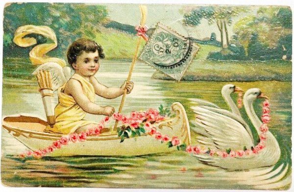 画像1: Postcard  　アンティークポストカード　白鳥のボートに乗る天使　フランス1907年 (1)