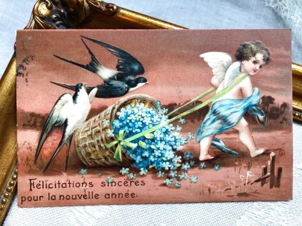 画像2: Postcard   アンティークポストカード ツバメと忘れな草のお花を運ぶ天使  Ellen Clapsaddle フランス1907年 (2)