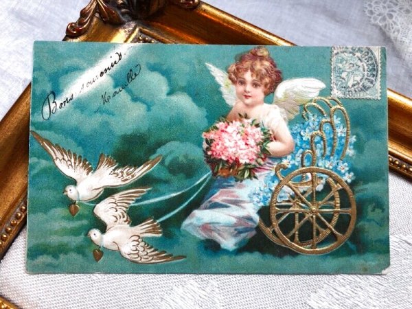 画像2: Postcard    鳩車に乗る天使   Ellen Clapsaddle フランス (2)