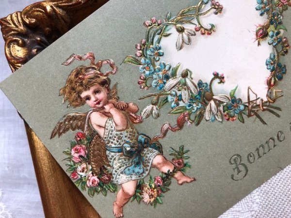 画像4: Postcard   アンティークポストカード ハートのリースと天使たち フランス1908年 (4)