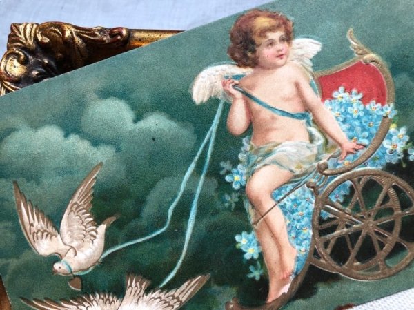 画像3: Postcard   アンティークポストカード 鳩車で忘れな草のお花を運ぶ天使  Ellen Clapsaddle フランス1908年 (3)