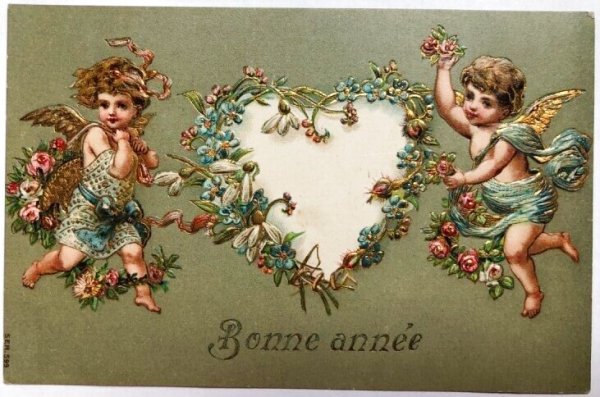 画像1: Postcard  　アンティークポストカード　ハートのリースと天使たち　フランス1908年 (1)