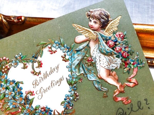 画像3: Postcard   アンティークポストカード ハートのリースと天使たち アメリカ1908年 (3)