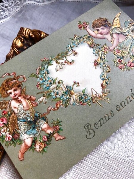 画像5: Postcard   アンティークポストカード ハートのリースと天使たち フランス1908年 (5)