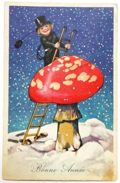 画像1: Postcard　アンティークポストカード　大きなキノコに登る煙突掃除夫　1938年 (1)