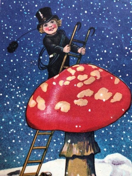 画像3: Postcard アンティークポストカード 大きなキノコに登る煙突掃除夫 1938年 (3)