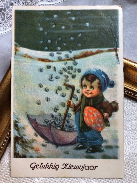 画像2: Postcard アンティークポストカード キノコを持ち金貨を集める子供 ベルギー1933年 (2)