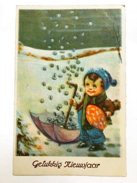 画像1: Postcard　アンティークポストカード　キノコを持ち金貨を集める子供　ベルギー1933年 (1)