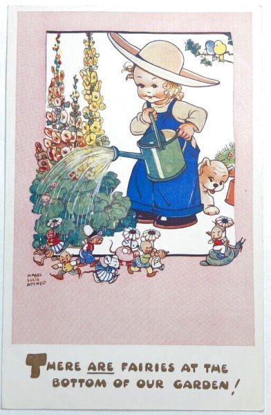 画像1: Postcard 　アンティークポストカード　ガーデニングをする女の子と妖精たち　Mable Lucie Attwell　（未使用） (1)
