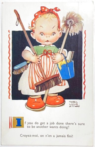 画像1: Postcard 　アンティークポストカード　お掃除道具と女の子　Mable Lucie Attwell 　 (1)