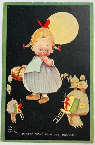 画像1: Postcard 　アンティークポストカード　キノコ狩りの女の子と妖精ブーブーの家　Mable Lucie Attwell　（未使用） (1)