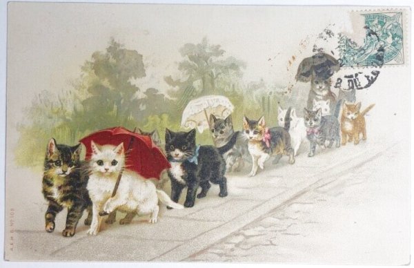画像1: Postcard  アンティークポストカード　みんなでお出かけ　猫　Helena Maguire　フランス1907年 (1)