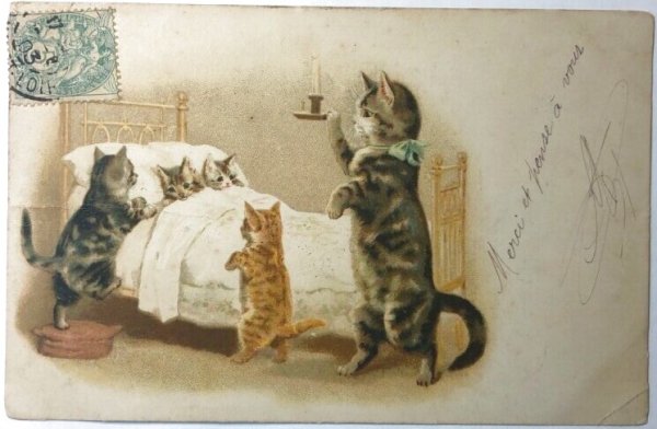 画像1: Postcard  アンティークポストカード　おやすみ前の猫さん　猫　Helena Maguire　フランス1903年 (1)