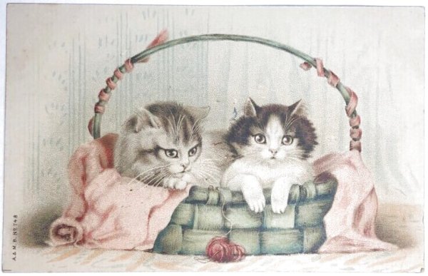 画像1: Trade card　アンティークカード　パニエの中の子猫たち　フランス (1)