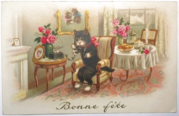 画像1: Postcard  　アンティークポストカード　電話をかける猫　フランス1940年 (1)