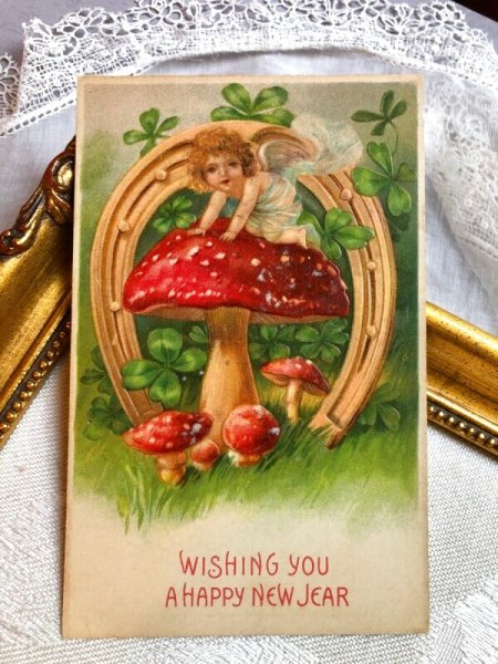 画像2: Postcard　アンティークポストカード　キノコと馬蹄の天使　（未使用） (2)