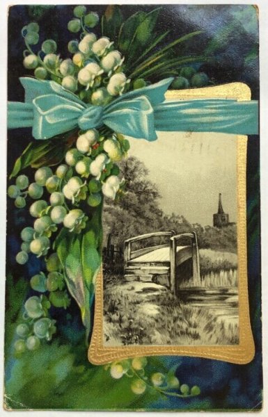 画像1: Postcard  アンティークポストカード　スズランのお花と水辺の風景 (1)