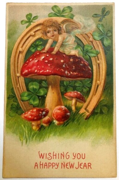 画像1: Postcard　アンティークポストカード　キノコと馬蹄の天使　（未使用） (1)