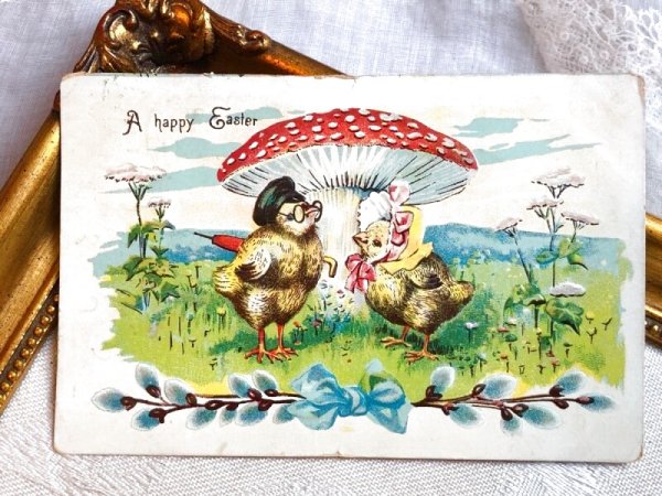 画像2: Postcard　アンティークポストカード　大きなキノコとヒヨコさんのカップル　1909年 (2)
