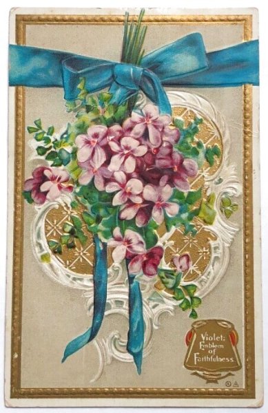 画像1: Postcard  アンティークポストカード　スミレのお花と青のリボン (1)