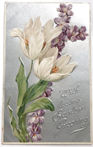 画像1: Postcard  アンティークポストカード　スミレのお花と白いチューリップ　1909年 (1)