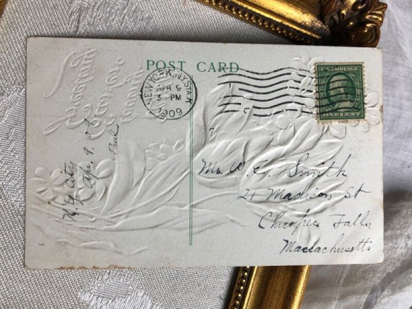 画像4: Postcard  アンティークポストカード スミレのお花と白いチューリップ 1909年 (4)