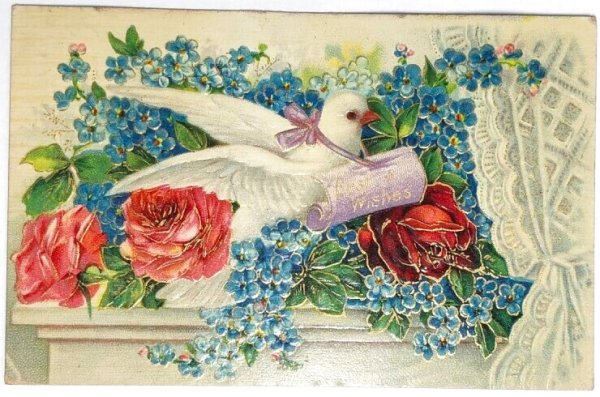 画像1: Postcard 　アンティークポストカード　お花と伝書鳩　忘れな草　薔薇　アメリカ1908年 (1)