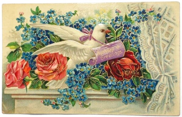 画像1: Postcard 　アンティークポストカード　お花と伝書鳩　忘れな草　薔薇　 (1)