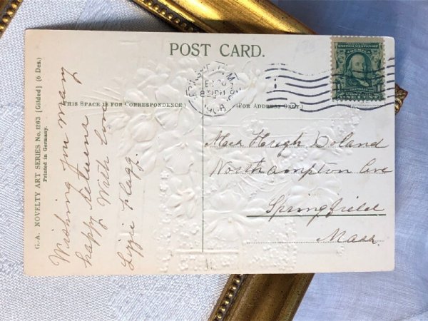 画像4: Postcard  　アンティークポストカード　パンジーのお花と忘れな草のお花の船　アメリカ1908年 (4)