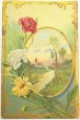 画像1: Postcard  　アンティークポストカード　カーネーションとデイジーのお花　水辺の風景　アメリカ1910年 (1)