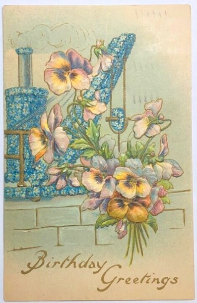 画像1: Postcard  　アンティークポストカード　パンジーのお花と忘れな草のお花の船　アメリカ1908年 (1)