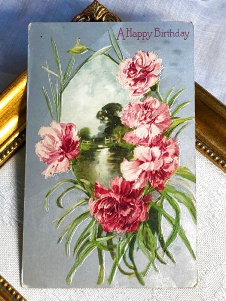 画像2: Postcard   アンティークポストカード カーネーションのお花と水辺の風景 アメリカ1909年 (2)