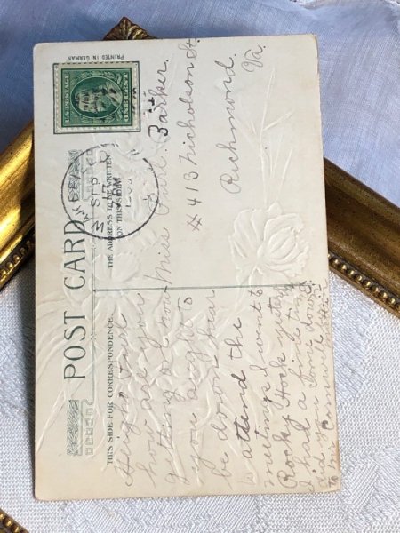 画像4: Postcard   アンティークポストカード カーネーションのお花と水辺の風景 アメリカ1909年 (4)