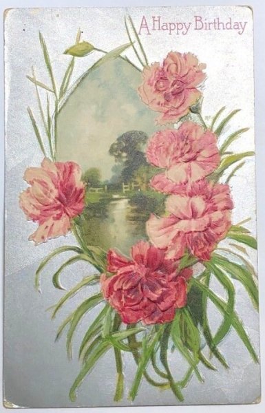 画像1: Postcard  　アンティークポストカード　カーネーションのお花と水辺の風景　アメリカ1909年 (1)