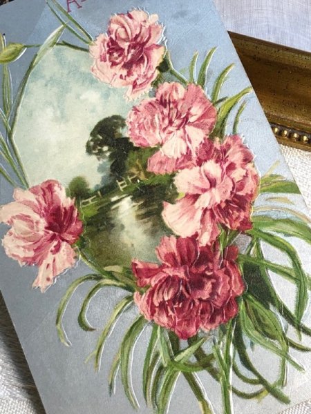 画像3: Postcard   アンティークポストカード カーネーションのお花と水辺の風景 アメリカ1909年 (3)